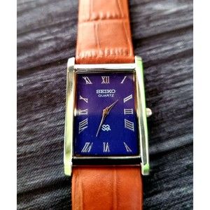 *RARE NOS Seiko Men Tank Rectangular Blue Dial Leather band Dress Watch B…